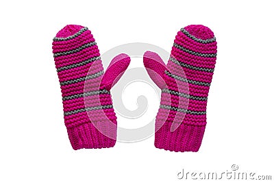 Pink knitted winter mittens for child isolated on white background. Children winter clothes Stock Photo