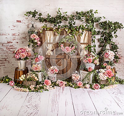 Pink l spring sett up with colourful flowers pink , vintage wood parquet Stock Photo