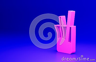 Pink Laboratory glassware or beaker icon isolated on blue background. Minimalism concept. 3D render illustration Cartoon Illustration