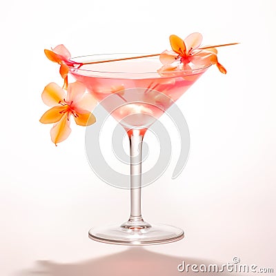 A Pink Lady cocktail in a stemmed glass against white background. Stock Photo