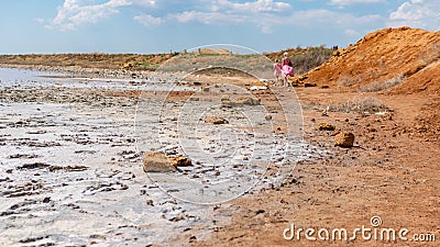 Pink lake made of salt, sea salt, created from microscopic unicellular algae secretes betacaratin minerals grown by Stock Photo