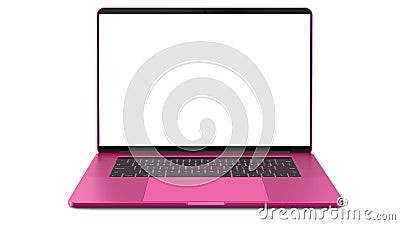 Pink laptop with blank screen isolated on white background. Whole in focus. High detailed. Stock Photo