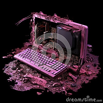 a pink laptop computer sitting on the ground with a broken keyboard Stock Photo