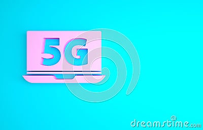 Pink Laptop with 5G new wireless internet wifi icon isolated on blue background. Global network high speed connection Cartoon Illustration