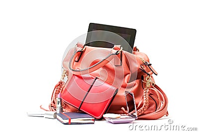 Pink Leather Ladies Handbag with Tablet PC Stock Photo