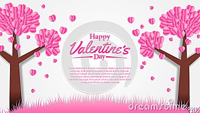 Pink leaves flower sakura heart shape paper cut style illustration for valentine`s day greeting card template Cartoon Illustration