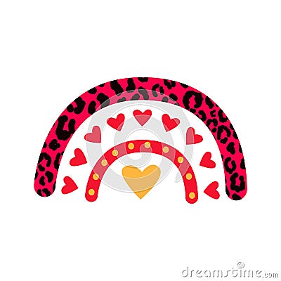 Pink leopard Valentines Day vector rainbow. Cartoon rainbow red hearts. Vector Illustration