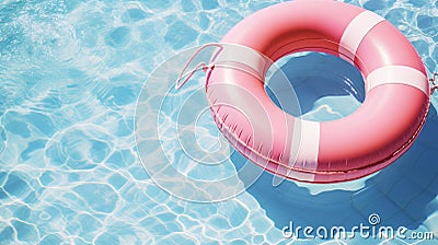 Pink lifebuoy on the water of the pool. View from above Stock Photo