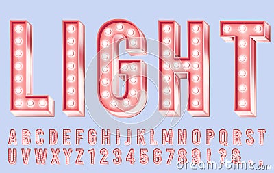 Pink lighting font. Alphabet letters with bulbs, retro numbers and bright bulb lights in letter 3d vector illustration Vector Illustration