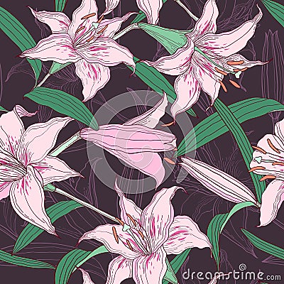 Pink lilies seamless pattern Stock Photo