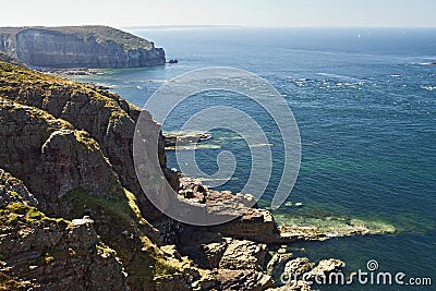 Pink limestone cliffs of Cap Frehel, Brittany, France Stock Photo