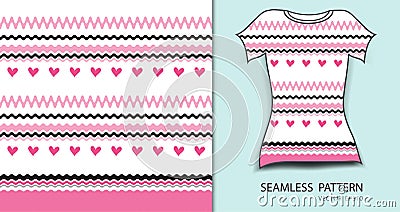 Pink lines and heart seamless pattern vector illustration, t shirt design, fabric texture, patterned clothing Vector Illustration