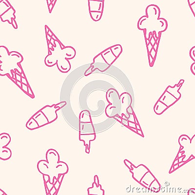 Pink Linework Hand-Drawn Felt Tip Marker Melting Ice Cream Cones and Scoops Vector Seamless Pattern Vector Illustration