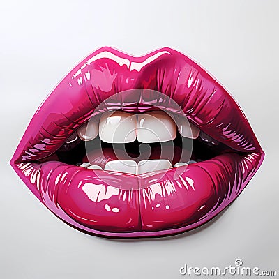 Pink lips with gloss, close-up. Sticker. Cartoon style, illustration Cartoon Illustration