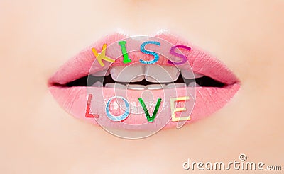 Pink lips with glossy lipstick. Open mouth with white teeth. Valentine`s day, love and passion concept Stock Photo