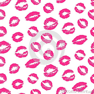 Pink lips kiss prints seamless pattern, isolated on white background Vector Illustration