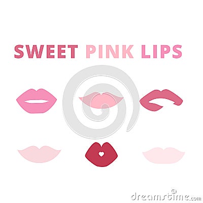 Pink lips smile kiss vector isolated set Vector Illustration