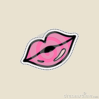 Pink lips on white background in doodle cartoon style. Isolated on white, for stickers, pins, badges, fashion embroidery, Cartoon Illustration