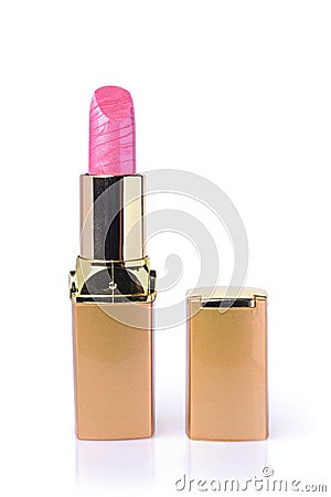 Pink lipstick in gold case Stock Photo