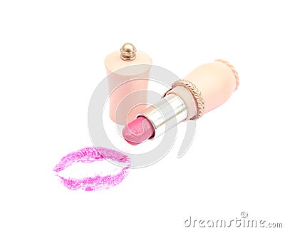 Pink lipstick with a kiss on white Stock Photo