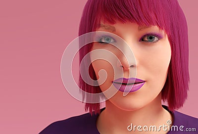 Pink girl redhead blunt style attractive makeup model 3D illustration Cartoon Illustration