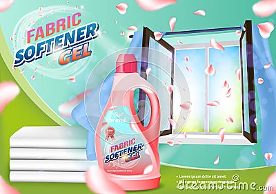 Pink Liquid Bottle on Open Window Background. Vector Illustration