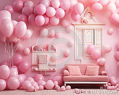 pink little house balloons in the girls room. Cartoon Illustration