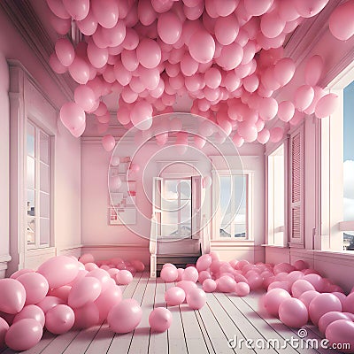 pink little house, pink balloons, girls room Stock Photo