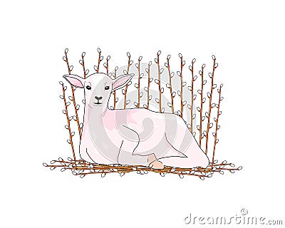 Pink little lamb lies on the branches of a willow. Hand drawing of an animal. Illustration in pastel shades Stock Photo