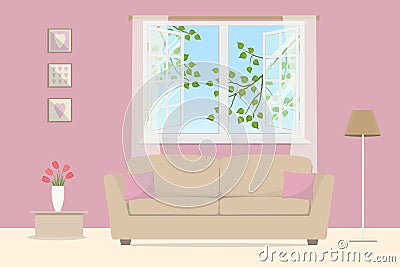 Pink living room. Beige sofa with pillows on an open window background Vector Illustration