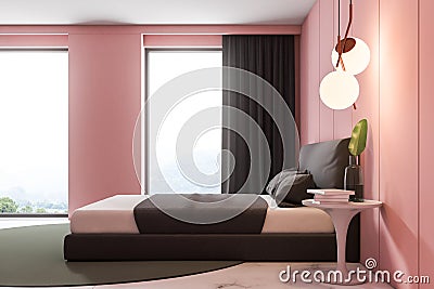 Pink loft bedroom interior, double bed side view Stock Photo