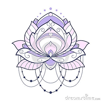 Pink lotus flower geometrical vector illustration is isolated on a white background. Symmetric decorative element with east motive Vector Illustration