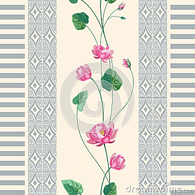 Pink Lotus flower and vertical border of elements of boho style.Seamless pattern Vector Illustration