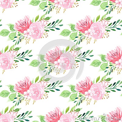 Pink lotuses and roses raster seamless pattern Stock Photo