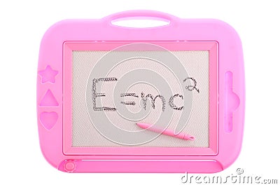 Pink magnetic drawing board with E=mc2 isolated Stock Photo