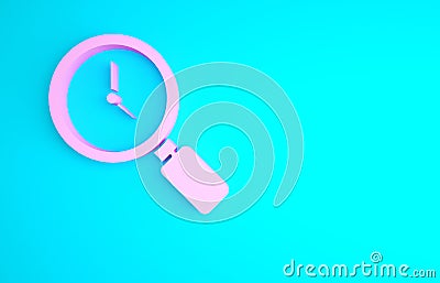 Pink Magnifying glass with clock icon isolated on blue background. Minimalism concept. 3d illustration 3D render Cartoon Illustration