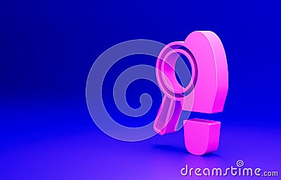 Pink Magnifying glass with footsteps icon isolated on blue background. Detective is investigating. To follow in the Cartoon Illustration