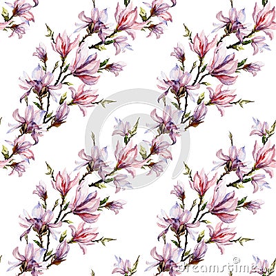 Pink magnolia flowers on a twig on white background. Seamless floral pattern. Diagonal arrangement. Watercolor painting. Stock Photo