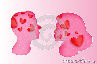 Pink Male and female silhouette. Faces profile in paper cut Vector Illustration