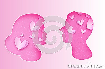 Pink Male and female silhouette. Faces profile in paper cut style. Couple Portrait. Origami Love Heart. Romantic Vector Illustration