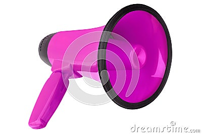 Pink megaphone on white background isolated closeup, hand loudspeaker design, purple loudhailer or speaking trumpet illustration Cartoon Illustration