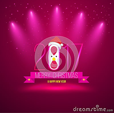 Pink Merry christmas and happy new year 2017 card. Vector Illustration