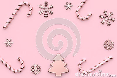 Pink metallic glossy-rose gold christmas holiday new year concept minimal pink background abstract christmas tree snow candy 3d re Stock Photo