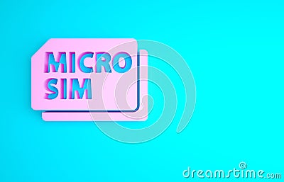 Pink Micro Sim Card icon isolated on blue background. Mobile and wireless communication technologies. Network chip Cartoon Illustration