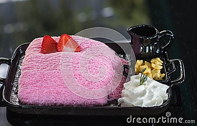 pink milk bingsu in dish Stock Photo