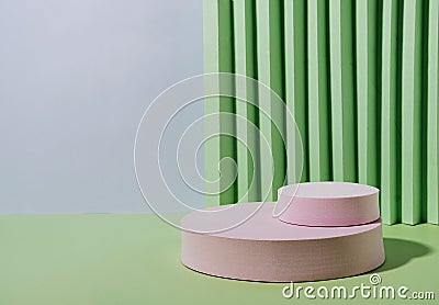 Pink Minimal Geometric Disc Podium Stand for Product Demonstration On Green Corrugated Stock Photo