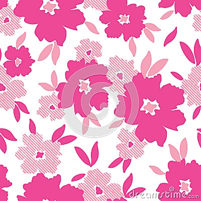 Bold hot pink stylized halftone flowers and leaves scattered on white background vector seamless pattern Vector Illustration