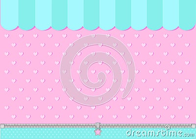 Pink and mint blue green background with little hearts. Candy shop backdrop. Vector Illustration