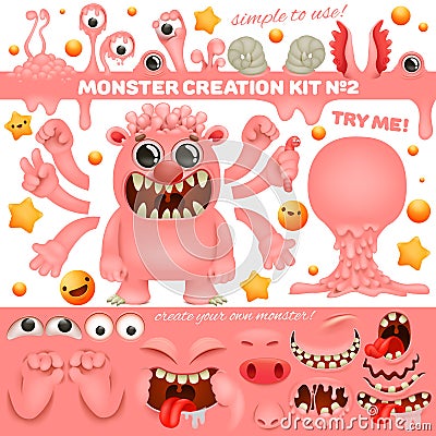 Pink Monster emoji cartoon creation kit. Diy collection. Create your own character Cartoon Illustration