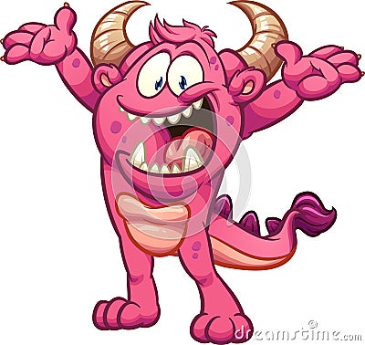 Happy excited pink cartoon monster Vector Illustration